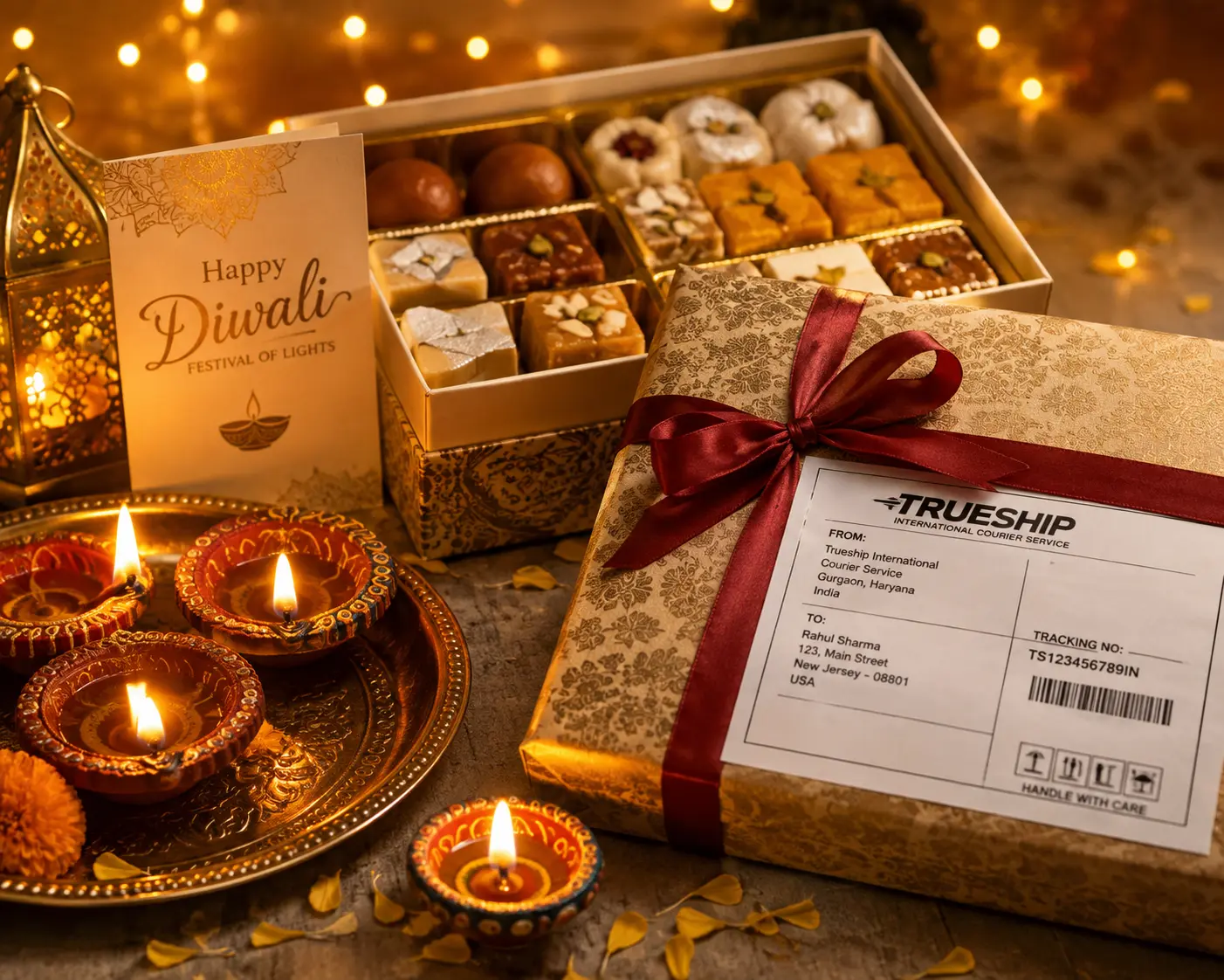 Diwali sweets and gift boxes ready for international courier dispatch