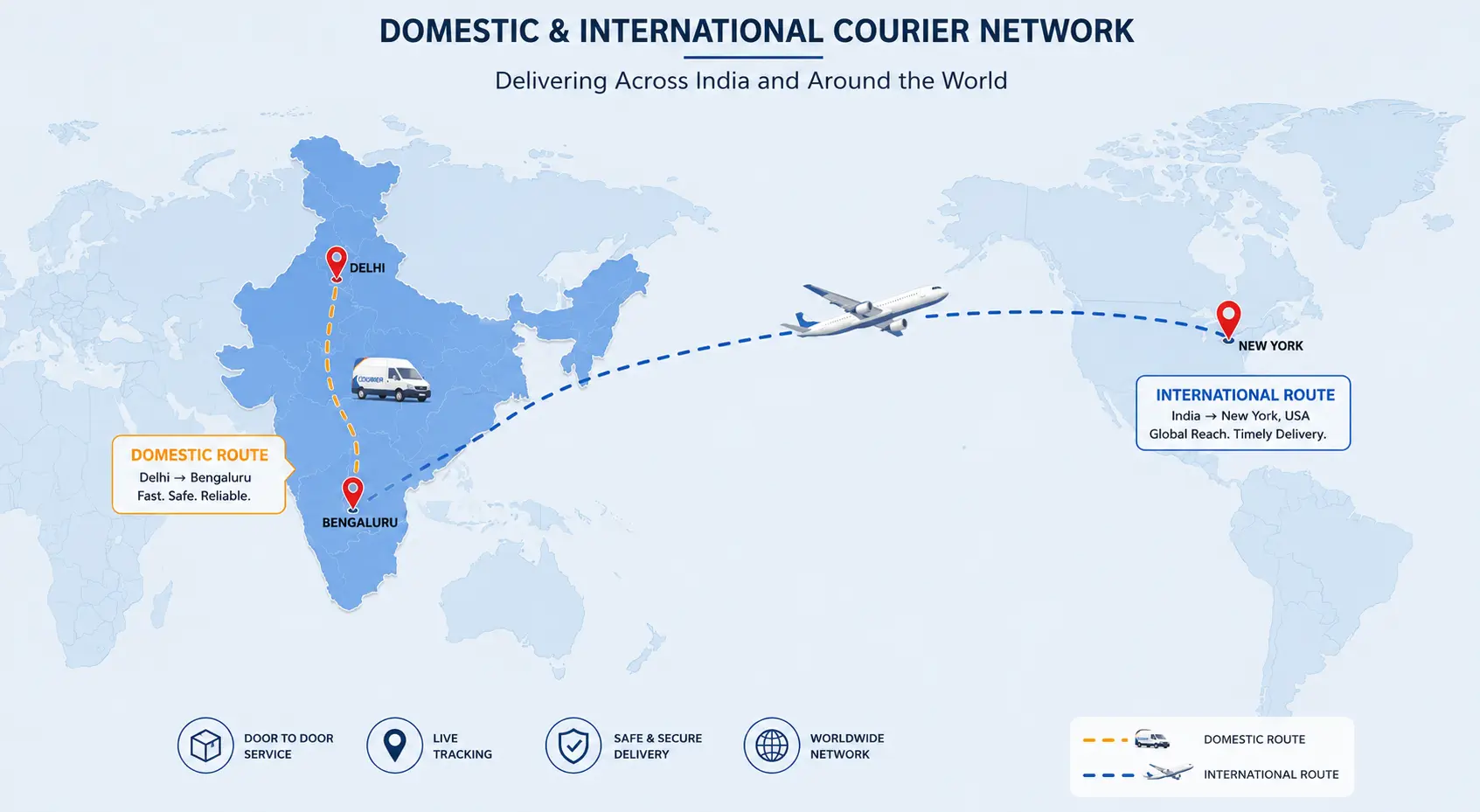 Map comparing domestic and international courier delivery routes from India