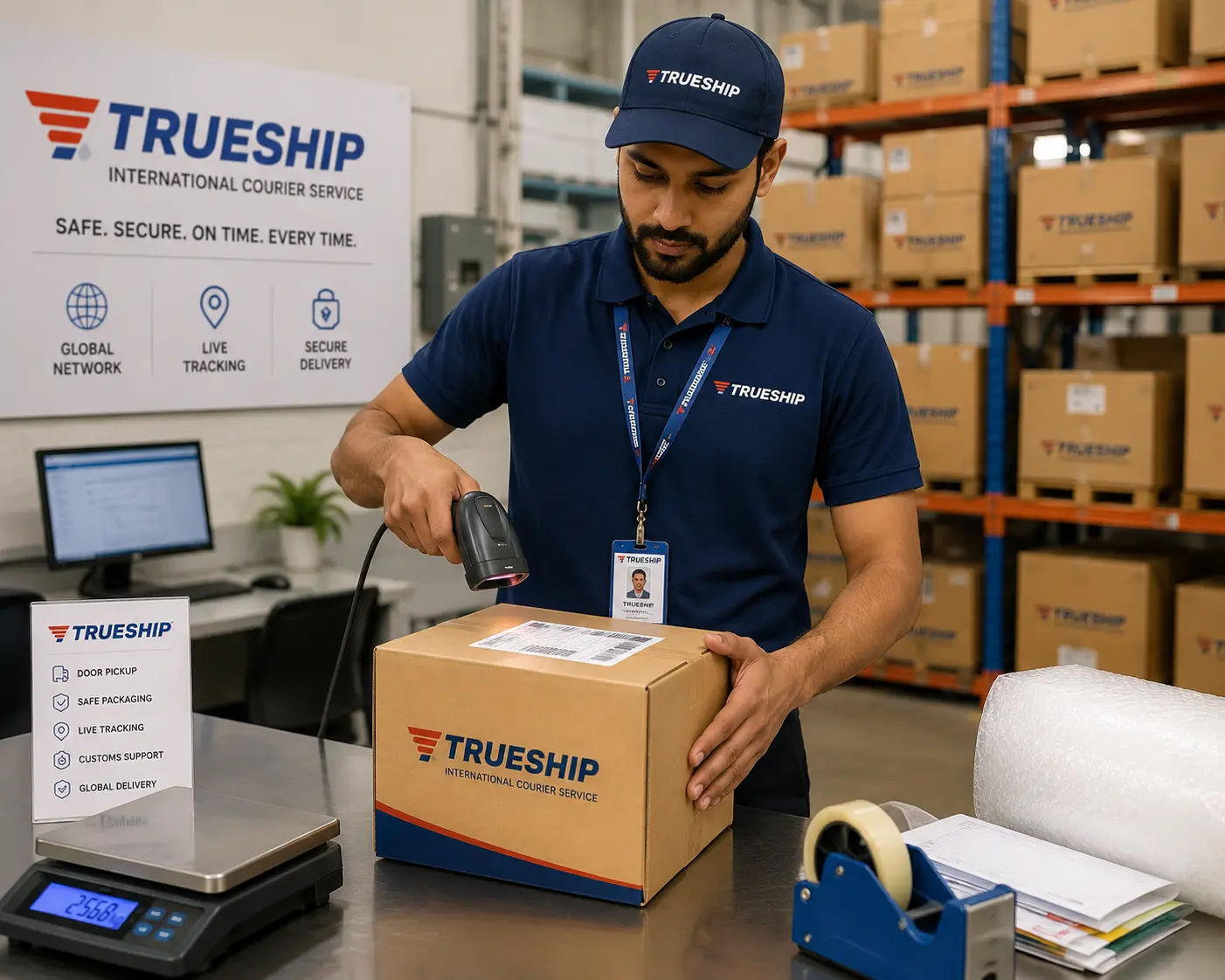 Courier staff packing a parcel for international shipping from India