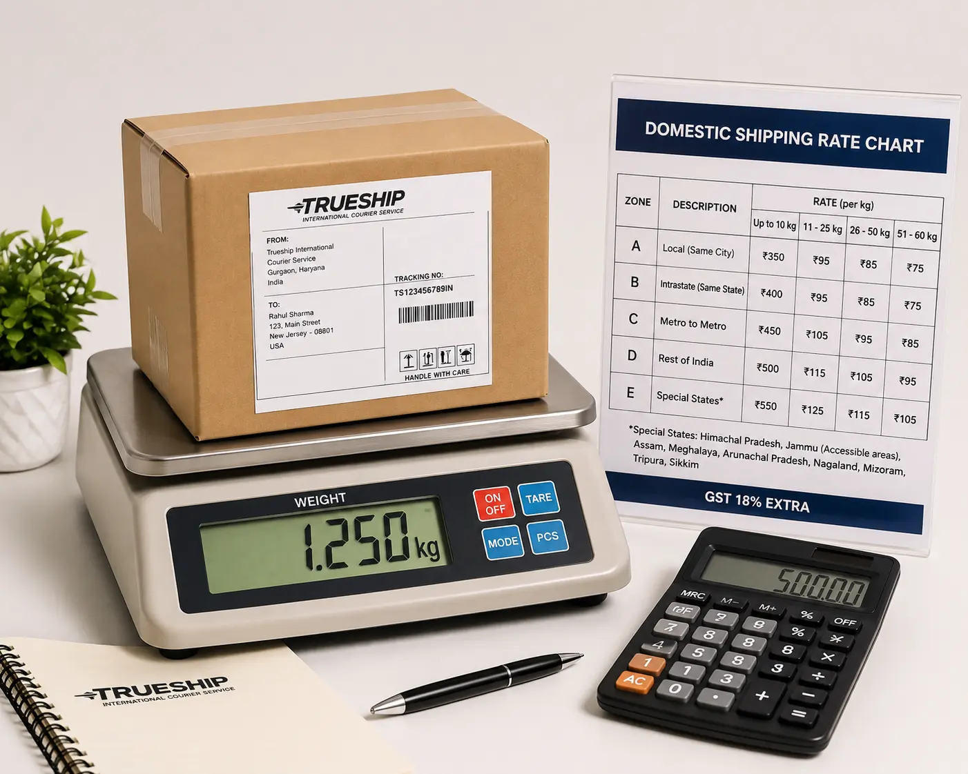 Calculator and weighing scale showing international courier charge factors