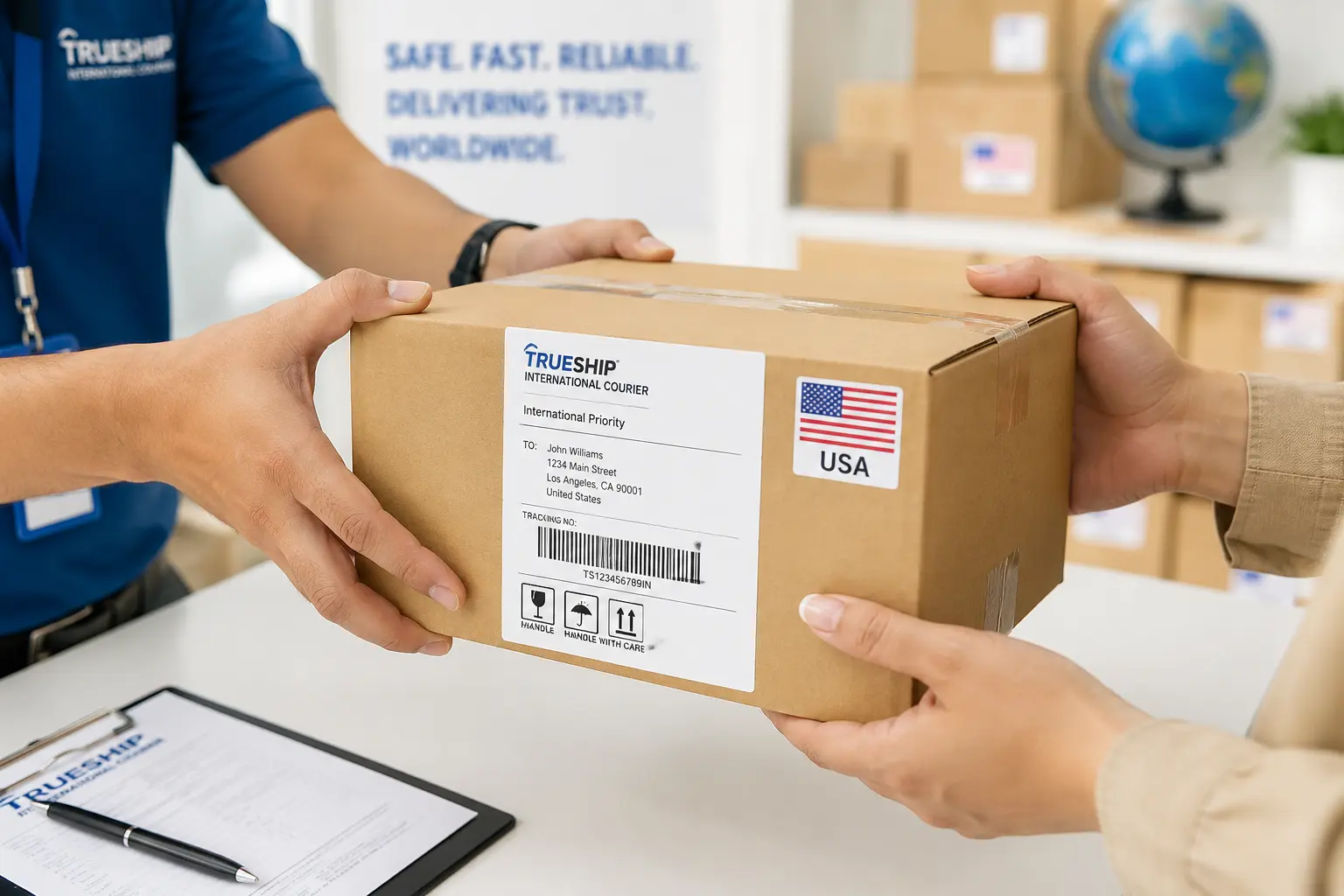 Parcel labeled for shipping from India to the USA with USA flag