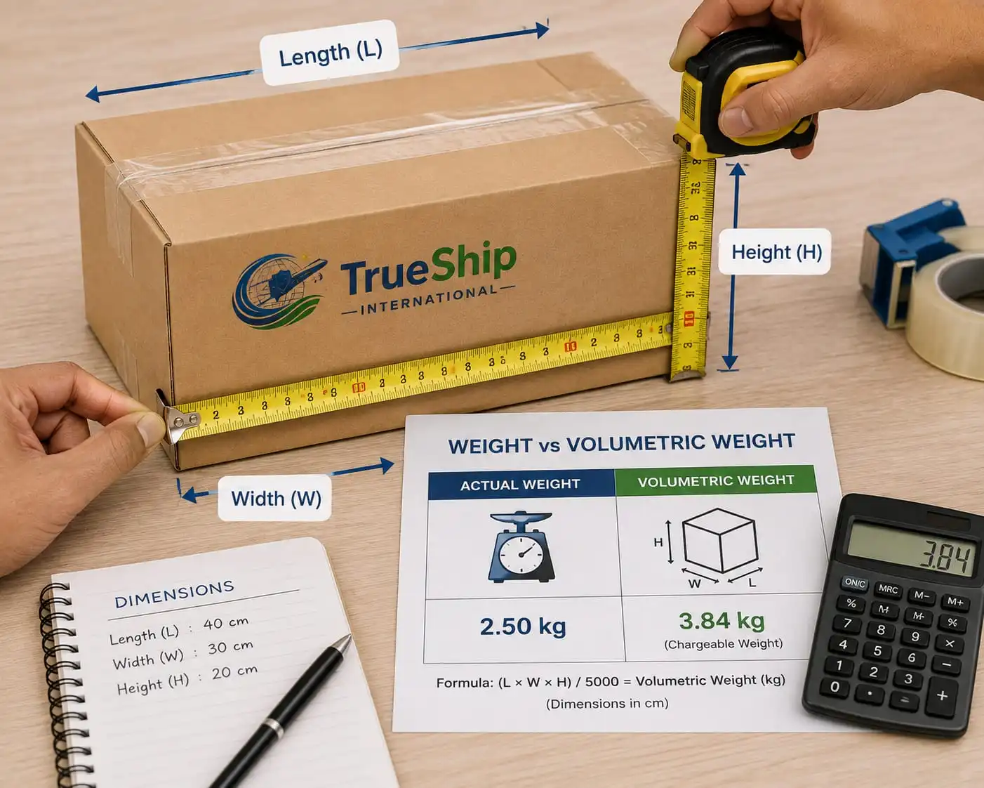 Laptop showing international courier cost calculator next to a parcel on a weighing scale