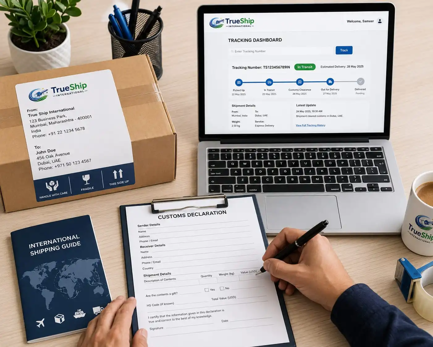 Filling customs declaration form with courier tracking dashboard on laptop