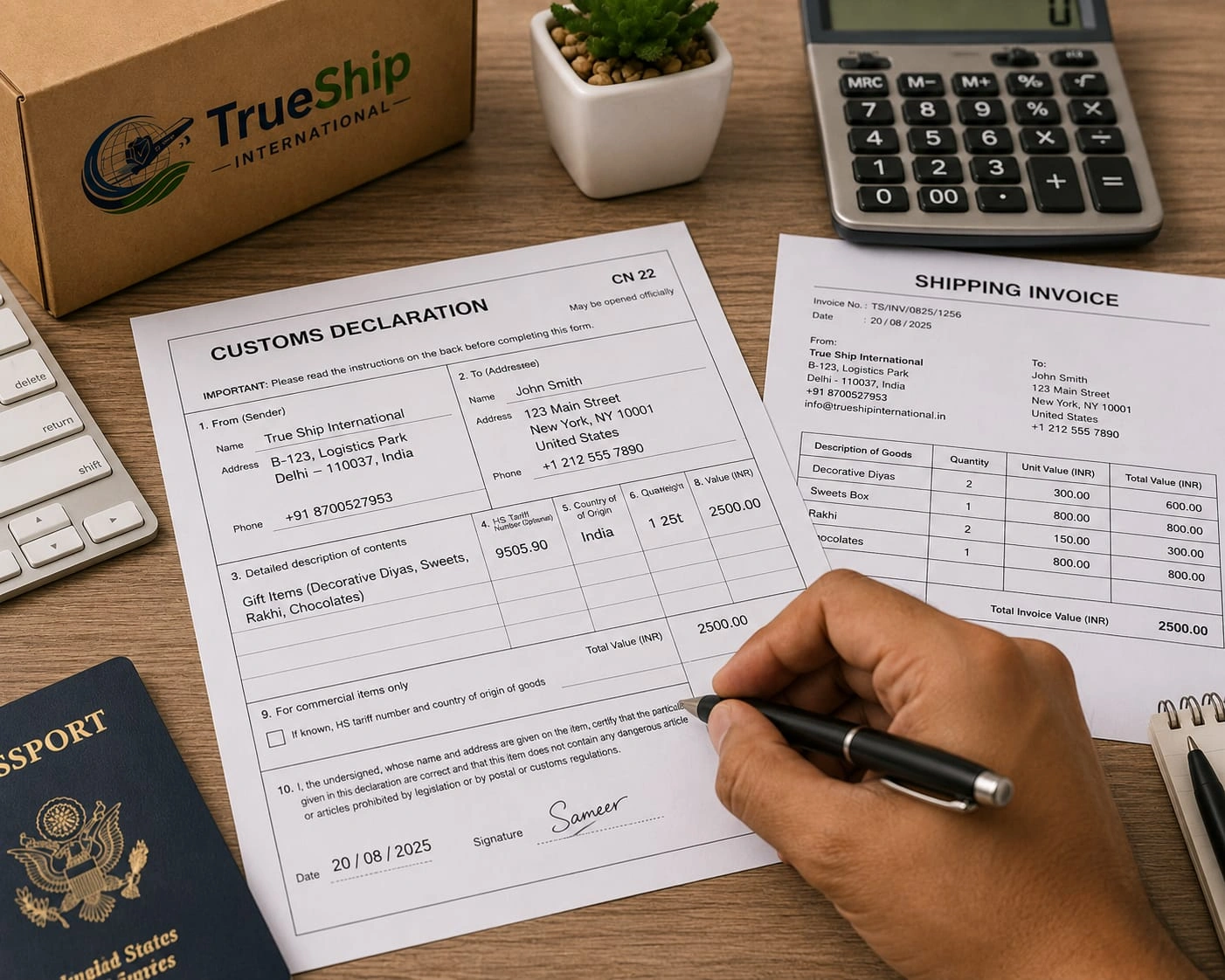 Filling out customs declaration form for parcel to India