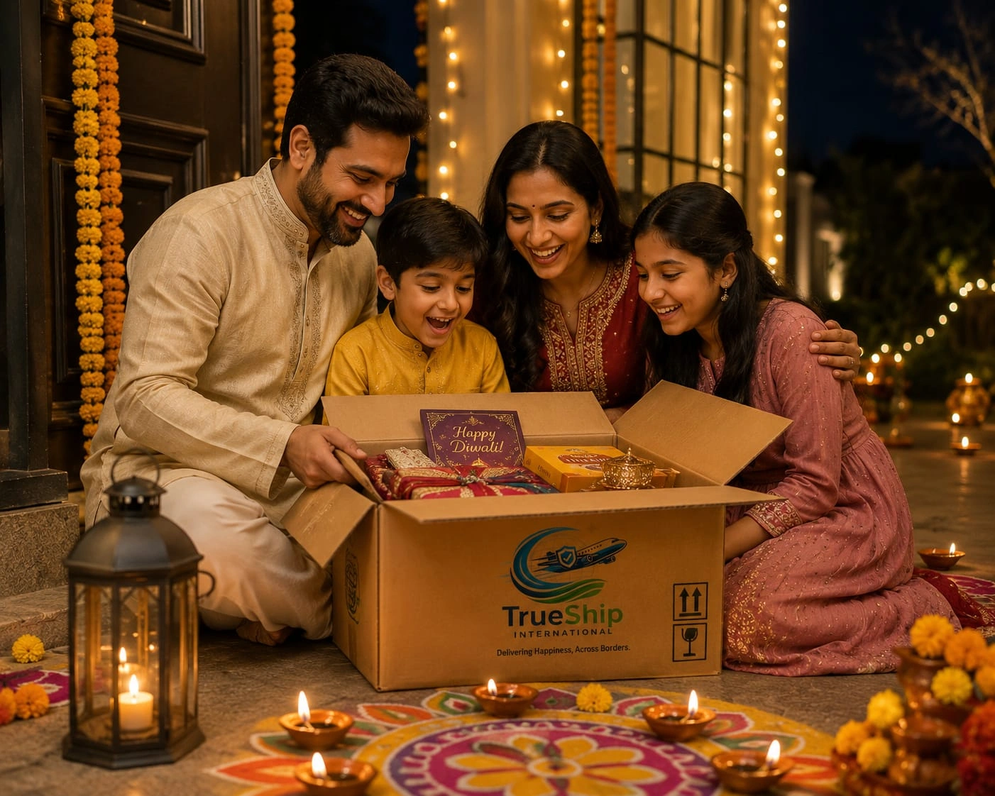 Family receiving Diwali gift parcel abroad on time