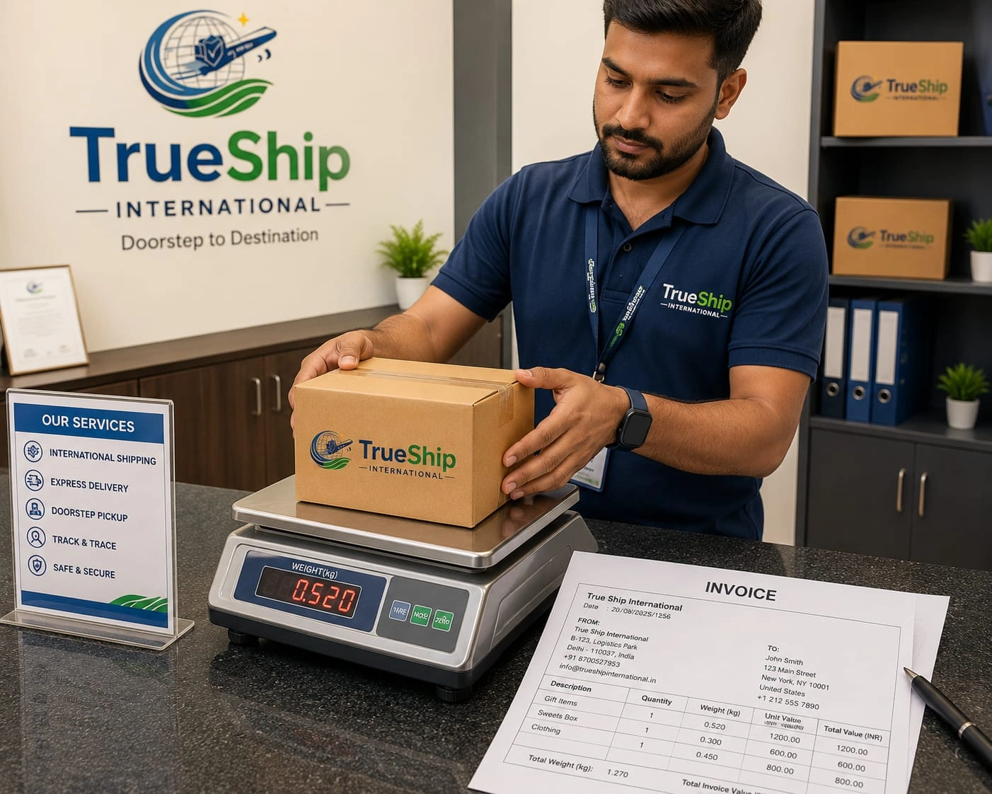 Courier staff weighing a non-document parcel for rate calculation