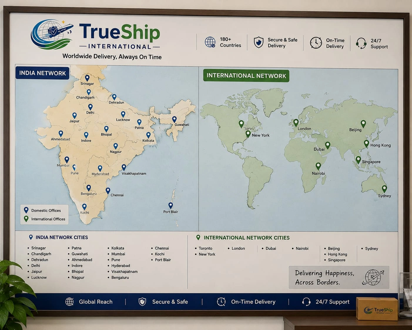 Map showing domestic routes vs international shipping destinations