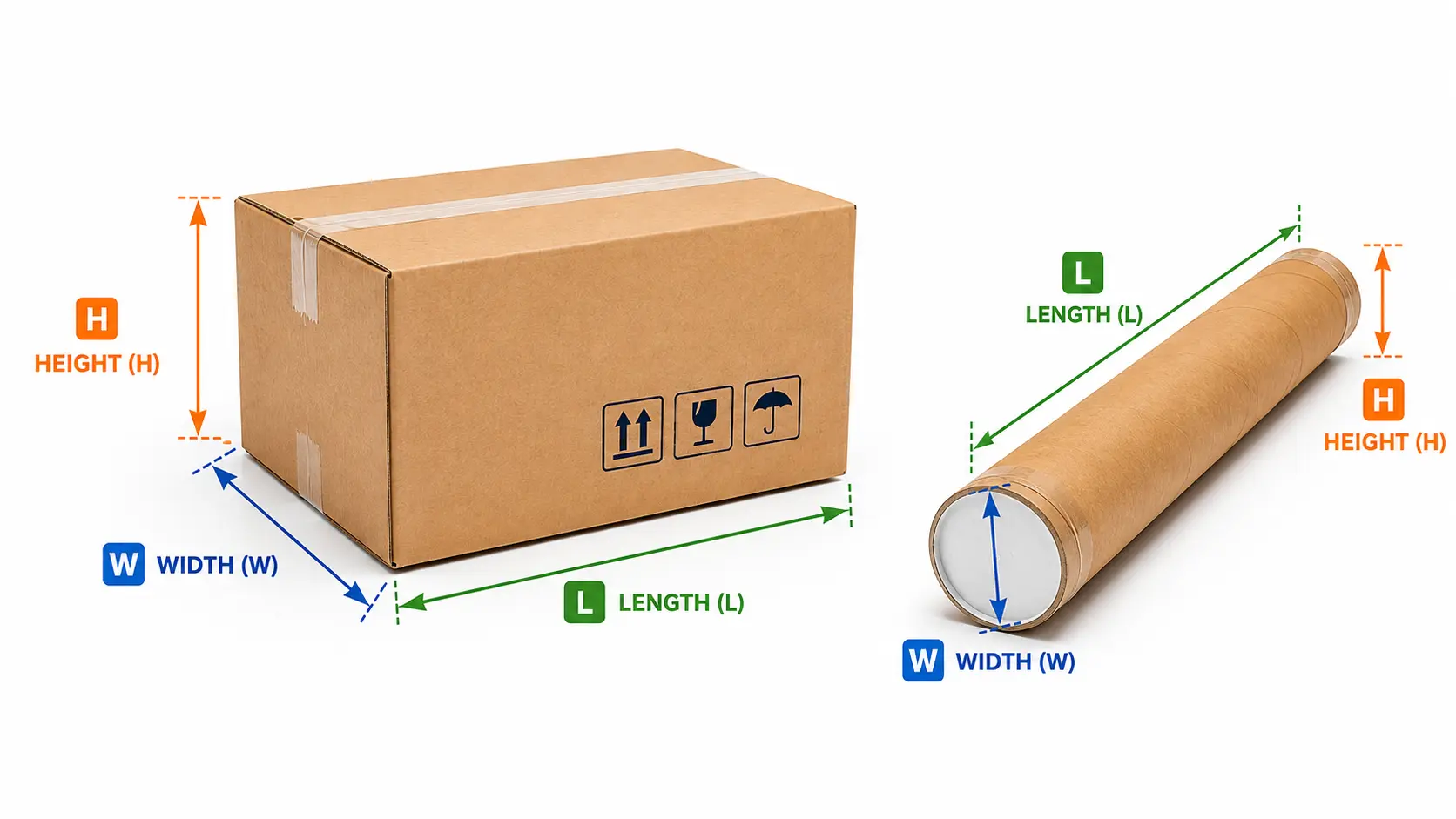 Box and tube being measured for volumetric weight